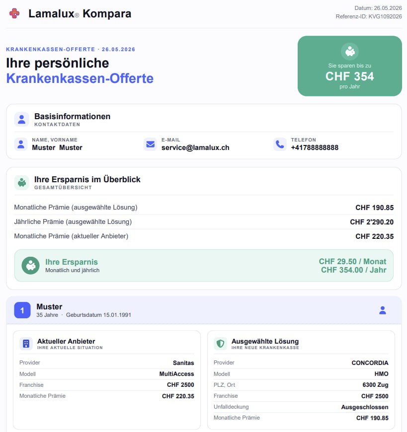 Screenshot of a personal Lamalux® PDF health insurance offer.