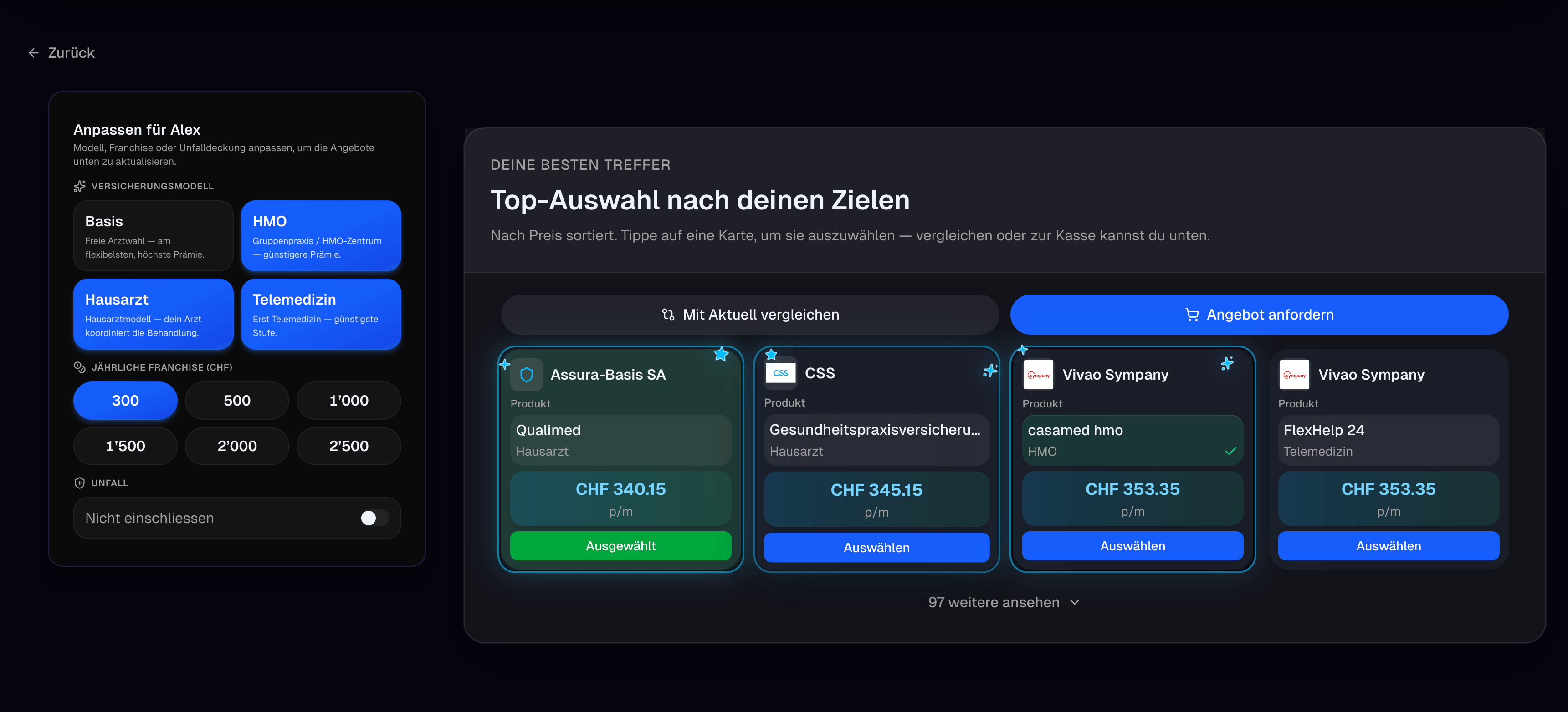 Screenshot of the Lamalux calculator: sidebar filters and insurance premium result cards.