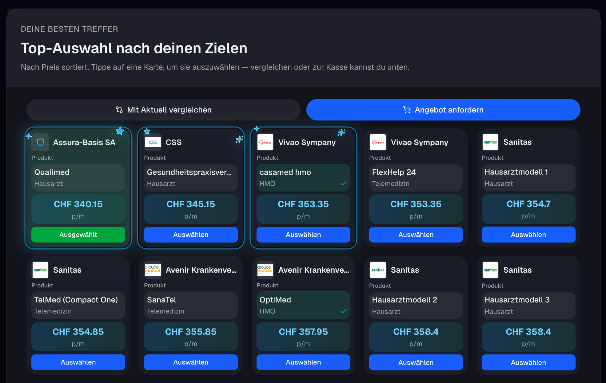 Screenshot of the Lamalux app illustrating the guided customer comparison experience.