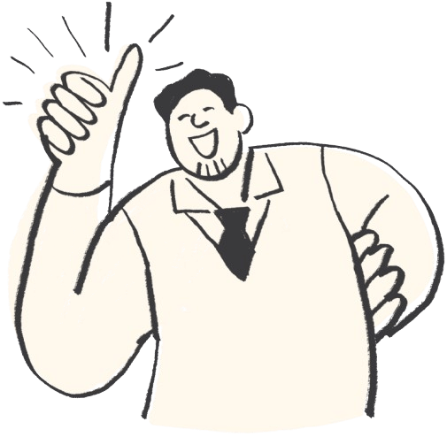 Illustration: partner representative giving a thumbs-up, hand-drawn line style.