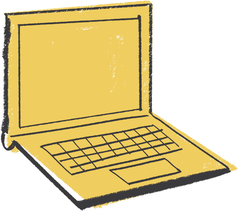 Illustration: open laptop, hand-drawn style in yellow.
