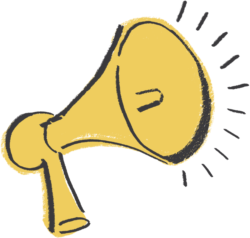 Illustration: megaphone, hand-drawn style in yellow.